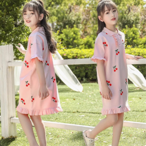 Girls' Cherry Embroidered Dress,  Pure Cotton,  Summer New Style,  Middle aged Children polo Shirt