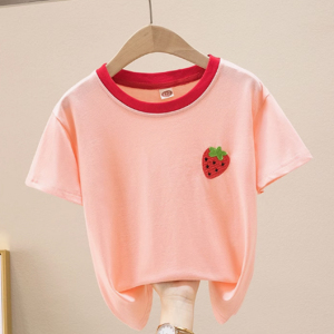 Summer new girls' contrasting collar made of pure cotton T Children's short sleeved shirt,  thin cut,  simple,  medium to large children's loose top
