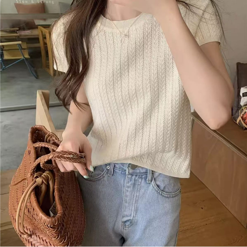 Korean design hollow apricot Fried Dough Twists short sleeve knitwear women's summer small round neck chic ice top ZH00113	 	