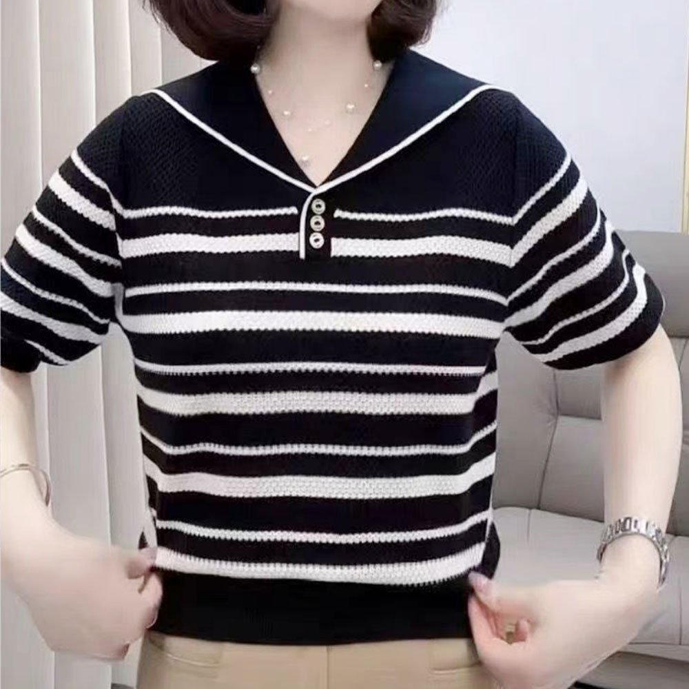 Tencel Navy V Women's collar striped short sleeved knitted sweater 2025 Summer new niche western-style slimming top ZH00119	