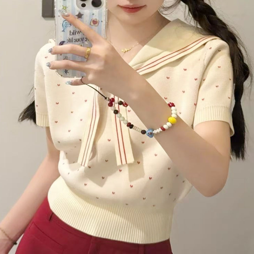Korean style college style navy collar knitted short sleeved women's summer new design sense niche slimming short top ZH00112