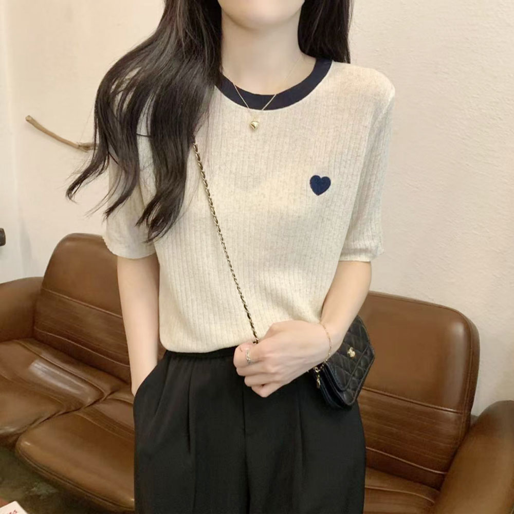 Chic and stunning summer French style loose contrasting color heart embroidery design with ice silk knitted short sleeves t Women's shirt ZH00115