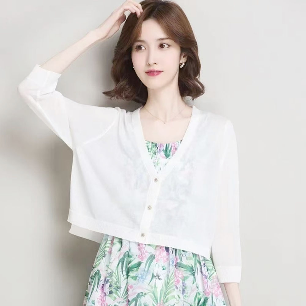 White Sunscreen Shawl Small Coat,  Summer with Strap Dress,  Outer Cover Shirt,  Ice Silk Knitted Cardigan,  Women's Thin Style ZH00116