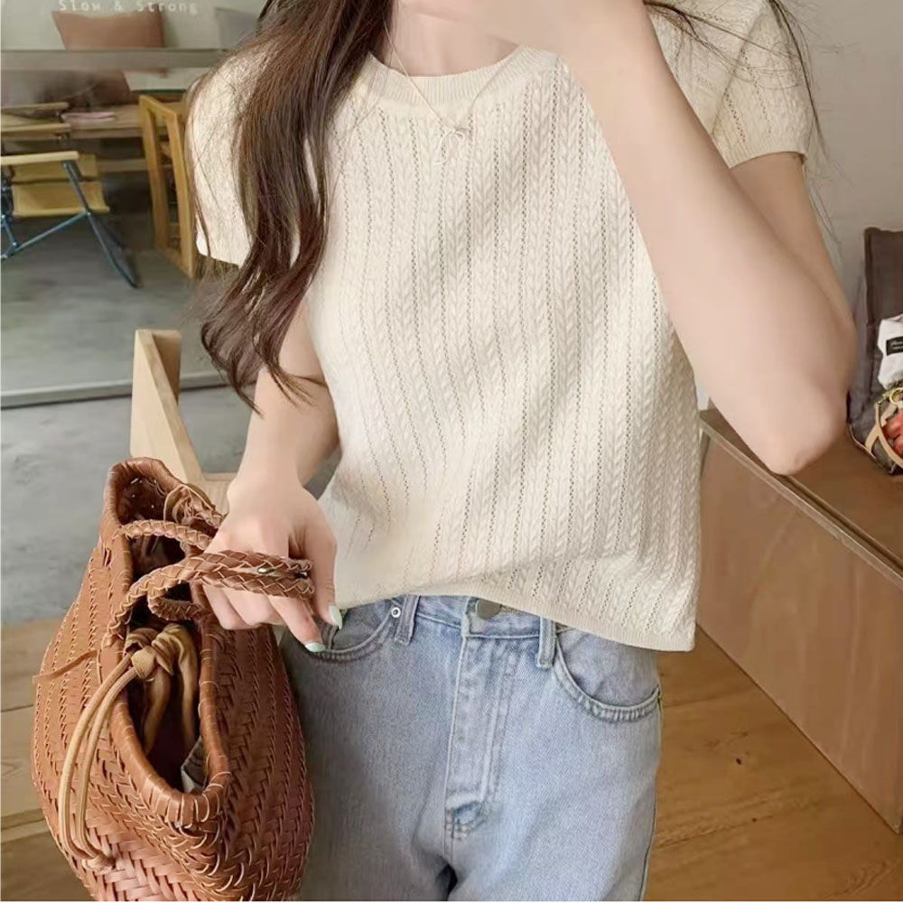 Korean design hollow apricot Fried Dough Twists short sleeve knitwear women's summer small round neck chic ice top ZH00113