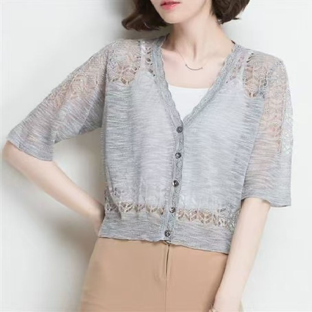 Short crochet hollow ice silk air conditioning shirt,  small shawl with skirt,  knitted sweater for women,  thin outer layer,  short sleeved sun protection shirt ZH00118