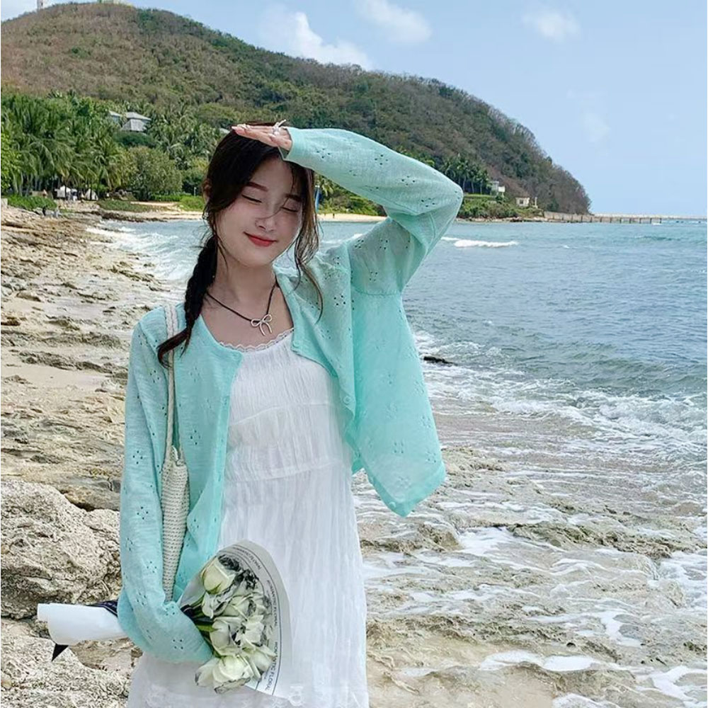 Knitted cardigan jacket for women 2025 New Korean style summer top with white hollowed out camisole skirt and outerwear cover ZH00114