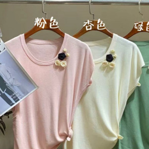 Round neck three-dimensional rose decoration irregular slimming knitted sweater 25 Summer New Style Short sleeved top for women ZH0035
