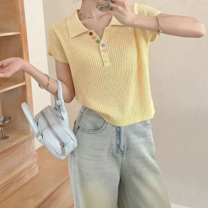 夏季新款设计感翻领彩色纽扣针织短袖韩版显瘦遮肉气质百搭上衣女 ZH0015	