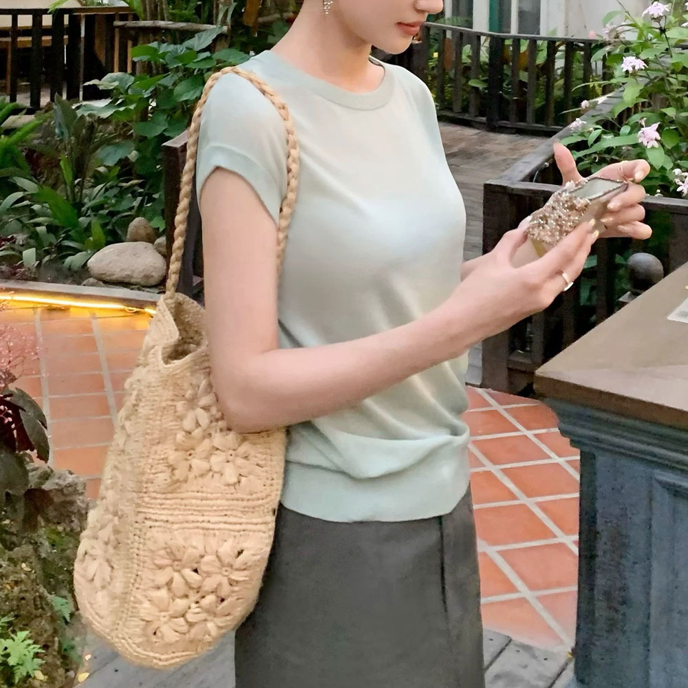 Tencel Cool Short Sleeve Knitted Shirt for Women 2025 New temperament commuting small fly sleeve slightly transparent top ZH0011