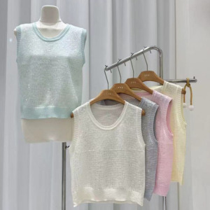 Loose linen cotton u Collar casual camisole knitted vest for women's summer outdoor wear trend,  simple commuting loose sleeveless top ZH0030