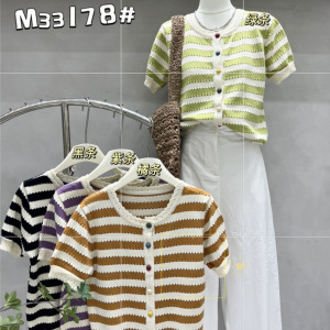 Korean sweet colored button striped short sleeved knitted sweater for women's summer design,  niche age reducing cardigan top ZH0032	