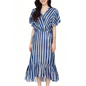 Striped patchwork long skirt short sleeved V Women's Summer Dress with Collar Skirt GY25051722