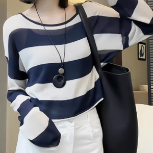 Color blocking striped round neck ice silk long sleeved knitted sweater,  new summer loose western-style sunscreen cover top GY25051709	