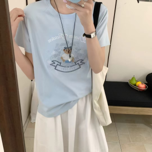 Embroidered Little Bear Summer Round Neck Comfortable Casual Short Sleeve T T-shirt GY25051422