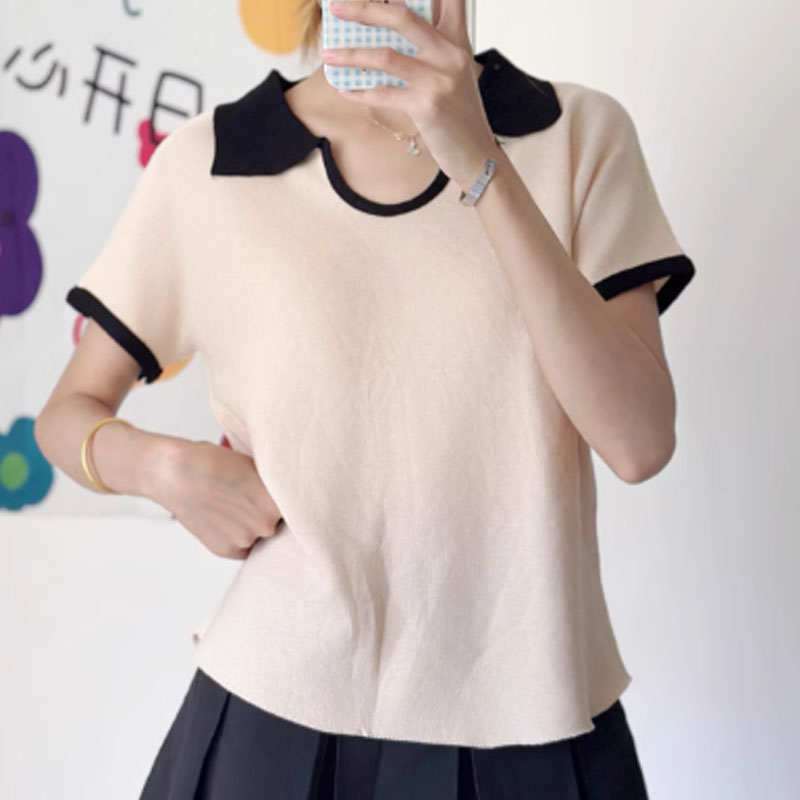 Color blocked ice silk short sleeved top for women in summer 2025 New age reducing knitted sweater with a hanging collar t T-shirt shirt GY25062158
